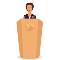 Woman in a business suit stands on a podium in front of the microphones. Woman orator speaking from tribune. Vector illustration.