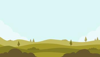 hermoso paisaje de campos con verdes colinas, árboles, arbustos, cielo azul de color brillante. paisaje rural. fondo de campo para banner, animación. ilustración plana vectorial. vector