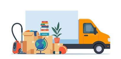 Truck and household items. Moving to new house. Relocated to new home. Boxes with goods. Package transportation. Things, clothes, furniture. Vector illustration.