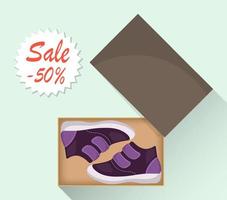 Little cute baby shoes in box, side view. Sale with a discount of 50 percent. Kid s casual violet boots. Illustration for a shoe store. Vector flat illustration.