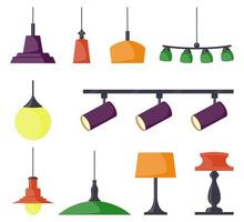 Lamps of different types, set. Chandeliers, lamps, bulbs, table lamp, spotlight - elements of modern interior. Vector illustration in flat style.