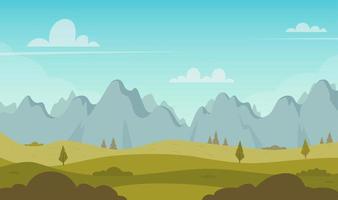 Beautiful green hills with mountains row on the horizon. Landscape with a green hills, trees, bushes, mountains, bright blue sky. Countryside background for banner, animation. Vector illustration.