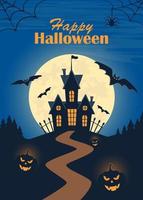 Halloween poster, scary party invitation flyer, banner. Dark castle, moon, bats, graves, tombstones, crosses, tree, owl, pumpkins. Halloween night vector illustration.