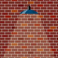 Colorful brick wall, illuminated by hanging lamp. Brick wall background. Blue ceiling lamp. Vector illustration in flat style.