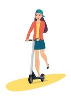 Cute girl riding kick scooter. Teen girl in short skirt, jacket and baseball cap rides on scooter. Young charming female character on kick scooter, vector in flat style.