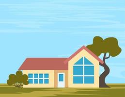 Suburban American house exterior front view and some trees. private house, cottage, vector Illustration.