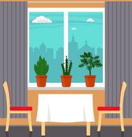 Big window with curtain and plants in pots on the windowsill, table with white tablecloth and two chairs in the foreground. City outside the window. Vector illustration in flat style.