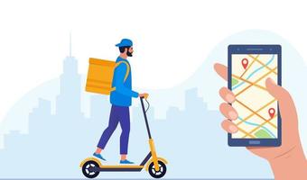 Delivery service concept and application for tracking online orders, food delivery. Man courier riding electric scooter with yellow package product box. Vector illustration for website, mobile app.