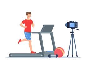 Man blogger running on treadmill recording video with camera on tripod. Social network blogging, healthy lifestyle concept. Sport streming. Vector illustration.