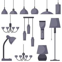 Lamps of different types, set. Chandeliers, lamps, bulbs, table lamp, flashlight, floor lamp - elements of modern interior. Vector illustration in flat style.