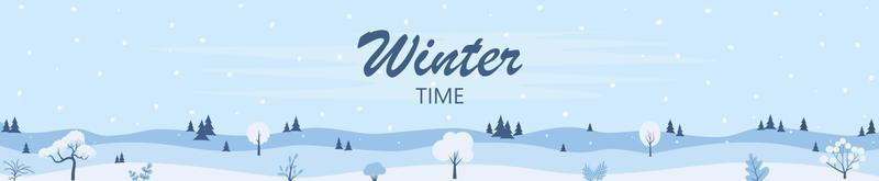 Winter Landscape Background, Pine Snow Trees, Woods. Horizontal banner template with winter landscape snowy background. Vector Illustration.