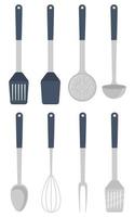 Kitchen utensils, set. Ladle, spatula, whisk, skimmer, spoon, vector illustration isolated.