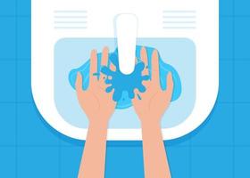 Woman's hands under a stream of water over the sink, top view. Process of washing hands in the sink. Vector illustration.