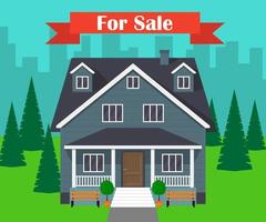 House for sale. Traditional cottage s facade, house selling concept. Vector illustration in flat style.