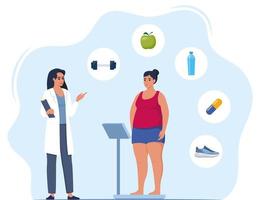 Fat woman standing on weigh scales. Doctor explain about health and how to loose weight, Obese patient, fat control instruction, diabetes patient, control calories, sports. Vector illustration.