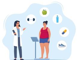 mujer gorda de pie en escalas de peso. el médico explica sobre la salud y cómo perder peso, el paciente obeso, las instrucciones para el control de la grasa, el paciente con diabetes, el control de las calorías, los deportes. ilustración vectorial vector