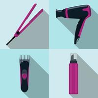Hairdresser tool icons, set. Hair dryer, hair iron, clipper, mousse. Profession hairdresser symbols with long shadows. Vector illustration, flat.