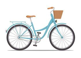 bonita bicicleta de mujer con cuadro bajo y cesta delante. bicicleta antigua ilustración vectorial en estilo plano.
