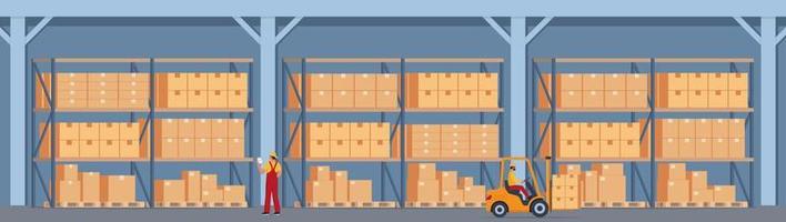 interior de almacén con cajas en rack y gente trabajando. concepto de servicio de entrega logística. ilustración vectorial