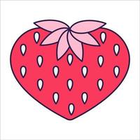 Retro Valentine Day icon strawberry of heart shape. Love symbol in the fashionable pop line art style. The sweet berry hearts are soft pink, red, and coral colors. Vector illustration isolated