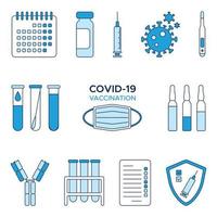 Set of blue icons coronavirus COVID-19 vaccination, calendar, ampoules of vaccine, syringe, coronavirus, calendar, shield, test, blood test tube, thermometer and antibody. Vector illustration