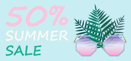 banner de venta de verano - un cartel con gafas rosas de moda y hojas de palma sobre un fondo azul con texto. la ilustración vectorial de stock es adecuada para un afiche, banner web o soporte publicitario. vector