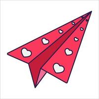 Retro Valentine Day icon paper airplane with hearts. Love symbol in the fashionable pop line art style. The cute airplane is in soft pink, red, and coral color. Vector illustration isolated on white.