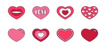 Retro Valentine Day set of icons heart. Love symbols in the fashionable pop line art style. The figure of different hearts in soft pink, red and coral color. Vector illustration isolated on white.