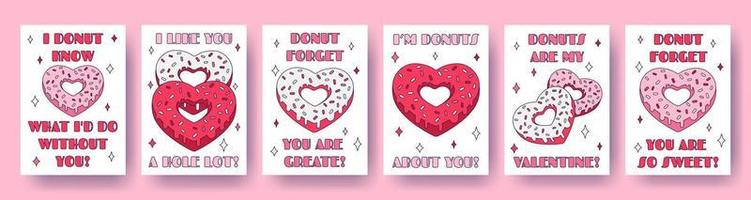 Set of Valentine Day donut heart cards with pun quotes about love in retro cartoon style. Love vector illustration for favor tags, postcards, greeting cards, posters, or banners.