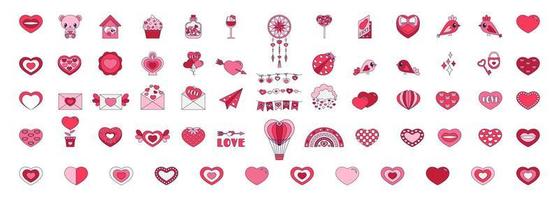 Retro Valentine Day set of icons. Love symbols in the fashionable pop line art style. The figure of heart, rainbow, lock, balloon in soft pink, red and coral color. Vector illustration isolated
