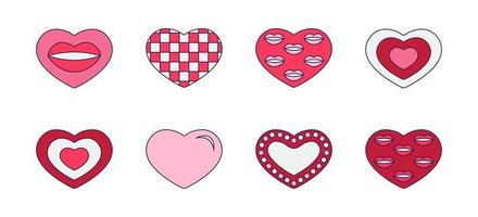 Retro Valentine Day set of heart icons. Love symbols in the fashionable pop line art style. The figure of different hearts in soft pink, red and coral color. Vector illustration isolated on white.