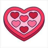 Retro Valentine Day icon candy box of heart shape. Love symbol in the fashionable pop line art style. The sweet chocolate hearts are soft pink, red, and coral colors. Vector illustration isolated.