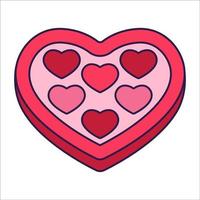 Retro Valentine Day icon candy box of heart shape. Love symbol in the fashionable pop line art style. The sweet chocolate hearts are soft pink, red, and coral colors. Vector illustration isolated.