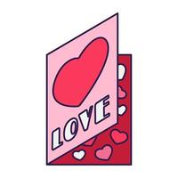 Retro Valentine Day icon greeting card with hearts. Love symbol in the fashionable pop line art style. The cute postcard is in soft pink, red, and coral color. Vector illustration isolated on white.