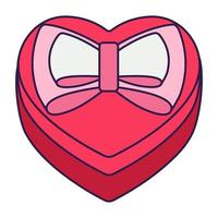 Retro Valentine Day icon gift box of heart shape. Love symbol in the fashionable pop line art style. The cute gift with a bow is in soft pink, red, and coral color. Vector illustration isolated