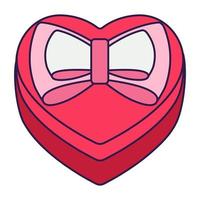 Retro Valentine Day icon gift box of heart shape. Love symbol in the fashionable pop line art style. The cute gift with a bow is in soft pink, red, and coral color. Vector illustration isolated