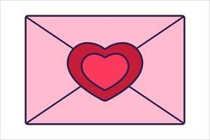 Retro Valentine Day icon greeting envelope with hearts. Love symbol in the fashionable pop line art style. The cute letter is in soft pink, red, and coral color. Vector illustration isolated.
