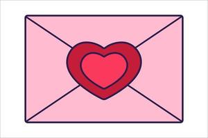 Retro Valentine Day icon greeting envelope with hearts. Love symbol in the fashionable pop line art style. The cute letter is in soft pink, red, and coral color. Vector illustration isolated.