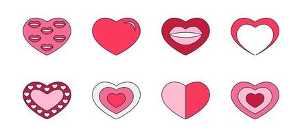 Retro Valentine Day set of icons of heart. Love symbols in the fashionable pop line art style. The shape of different hearts in soft pink, red and coral color. Vector illustration isolated on white.