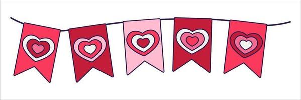 Retro Valentine Day boho icon of the garland. Love symbols in the fashionable pop line art style. The figure of heart banner in soft pink, red and coral color. Vector illustration isolated on white.