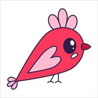 Kawaii Valentine Day icon bird with heart wig. Love symbol in the fashionable pop line art style. The cute bird with a heart is in soft pink, red, and coral color. Vector illustration isolated.