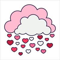 Retro Valentine Day icon clouds with hearts. Love symbol in the fashionable pop line art style. The cute cloud is in soft pink, red, and coral color. Vector illustration isolated on white.
