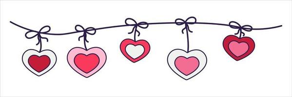 icono boho del día de san valentín retro de los corazones de la guirnalda. símbolos de amor en el estilo de arte pop de moda. la figura del estandarte del corazón en color rosa suave, rojo y coral. ilustración vectorial aislada. vector