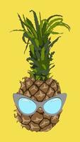 Hipster pineapple in ultimate grey colored sunglasses on an illuminating yellow background. Summer concept - stylish vacation, juicy exotic and tropical fruit. Sunny bright stock vector illustration.