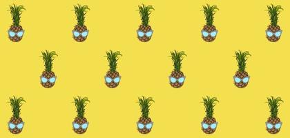 Pattern with pineapple fruit in a sunglasses - on an pastel yellow background. Ultimate grey colored glasses. Summer concept - stylish vacation, juicy exotic and tropical fruit. Vector illustration.