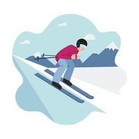 Banner of winter sport - mountain skiing, a man on skis rushes down the slope. Man on the background of silhouettes of mountains. Vector illustrations in flat style - pink, blue, white colors.