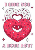 lindo corazón de donut del día de san valentín con cita de juego de palabras - ''me gustas mucho'' en estilo retro de dibujos animados. Ilustración de vector de amor para etiquetas de favor, postales, tarjetas de felicitación, carteles o pancartas.