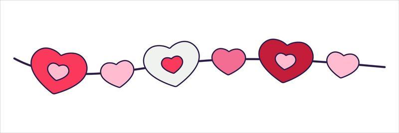 Retro Valentine Day boho icon of the garland. Love symbols in the fashionable pop line art style. The figure of heart banner in soft pink, red and coral color. Vector illustration isolated on white.