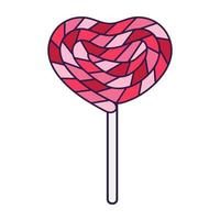 Retro Valentine Day icon candy lollipop heart on a stick. Love symbol in the fashionable pop line art style. The cute candy is in soft pink, red, and coral color. Vector illustration isolated.