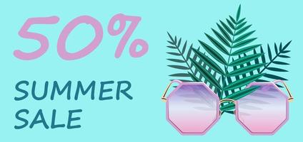 banner de venta de verano: un folleto brillante con gafas rosas de moda y hojas de palma sobre un fondo azul con texto. la ilustración vectorial de stock es adecuada para un afiche, banner web o soporte publicitario. vector